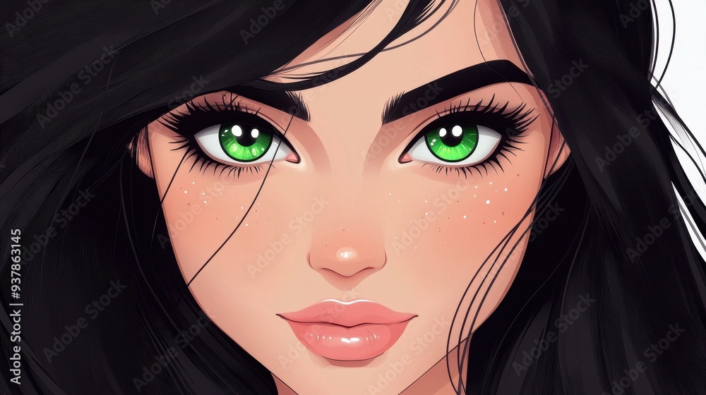 A vibrant cartoon character with bright green eyes and sleek black hair, radiating charm and cheerfulness in a unique style. A vibrant cartoon character with bright green eyes and sleek black hair, radiating charm and cheerfulness in a unique style.