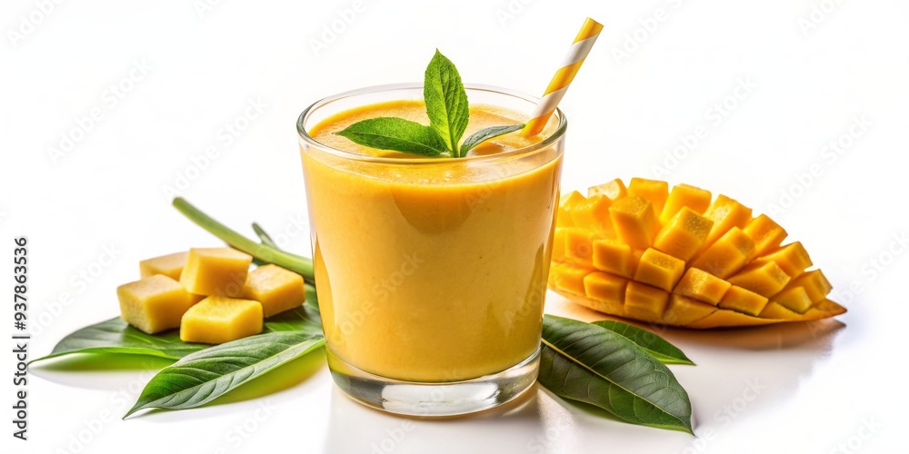 Fototapeta premium Vibrant yellow-orange mango smoothie with creamy texture and green leaf garnish, isolated on a transparent background, perfect for summer refreshment and healthy beverage concepts.