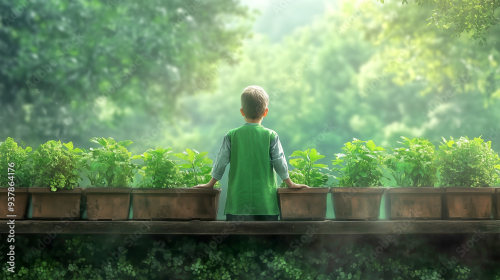 Fototapeta premium Child tending to herb garden in lush green setting