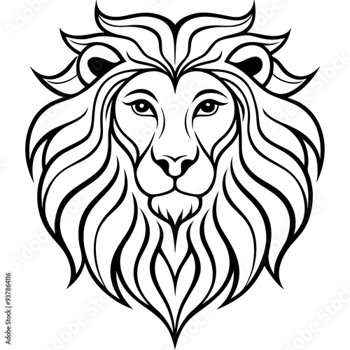An artistic representation of a lion's head, intricately designed with flowing lines and foliage elements. 