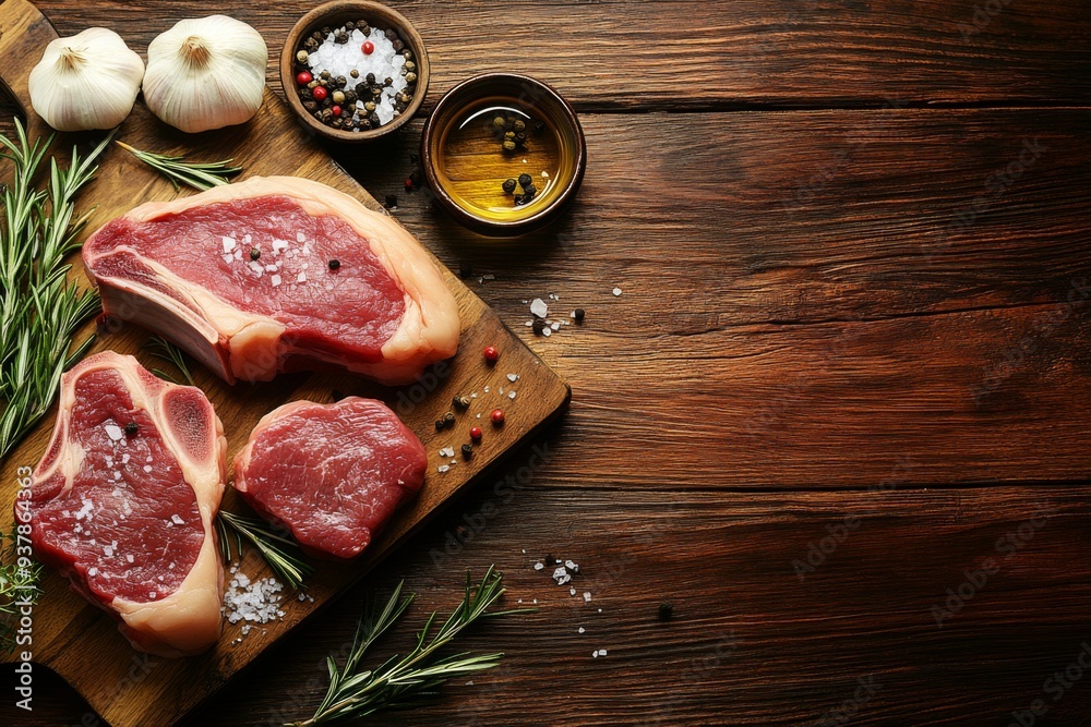 A high-quality image depicting fresh raw meat cuts laid out on a wooden board, surrounded by seasoning ingredients including garlic, peppercorns, salt, and olive oil says culinary bliss. A high-quality image depicting fresh raw meat cuts laid out on a wooden board, surrounded by seasoning ingredients including garlic, peppercorns, salt, and olive oil says culinary bliss.