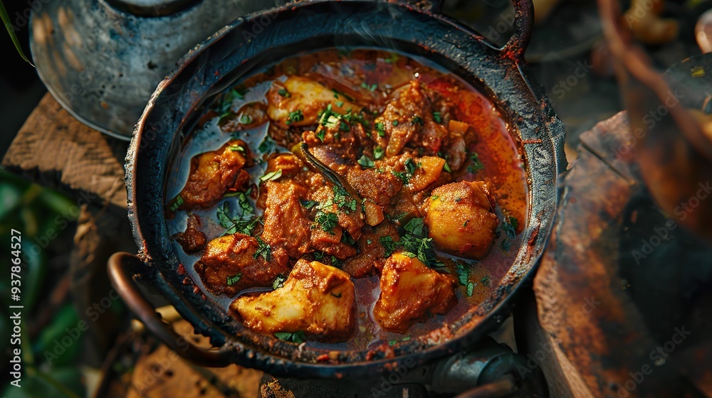 Spicy Indian Curry with Potatoes and Meat in a Clay Pot Spicy Indian Curry with Potatoes and Meat in a Clay Pot