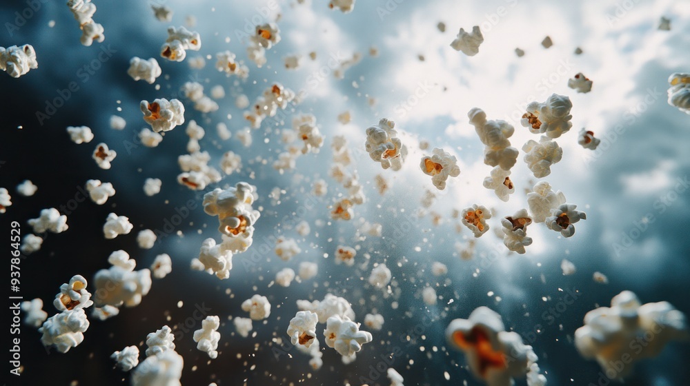 Floating Popcorn in Mid-Air - A dynamic close-up of popcorn kernels floating in mid-air, creating a sense of motion and fun, perfect for snack or movie-related themes. Floating Popcorn in Mid-Air - A dynamic close-up of popcorn kernels floating in mid-air, creating a sense of motion and fun, perfect for snack or movie-related themes.
