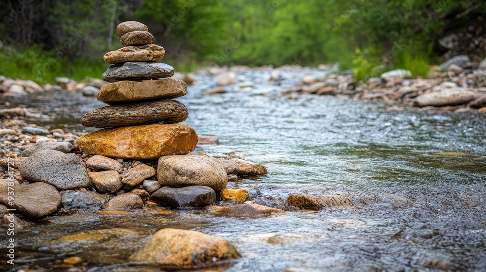 A serene stream with stacked stones, symbolizing balance and tranquility in nature.