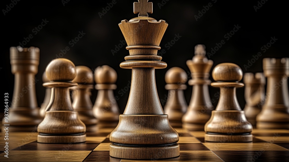 The photograph showcases wooden chess pieces arranged on a board with the king prominently in the center, representing strategic thinking and intellectual challenge. The photograph showcases wooden chess pieces arranged on a board with the king prominently in the center, representing strategic thinking and intellectual challenge.