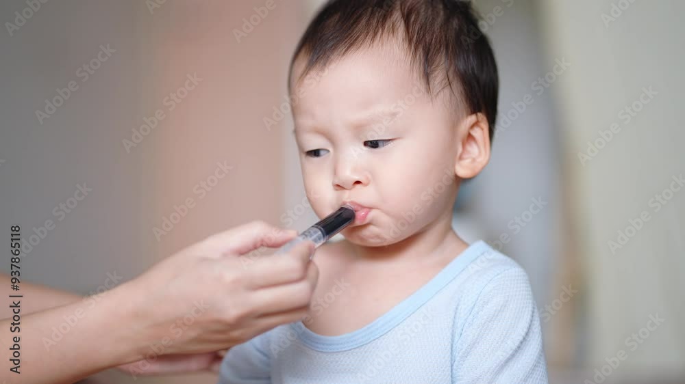 Funny asian adorable sick baby testing a drug for first time. Caring mother feeding a medicine to her newborn baby toddler with syringe in mouth while sitting on floor at home. Child Care Concept Funny asian adorable sick baby testing a drug for first time. Caring mother feeding a medicine to her newborn baby toddler with syringe in mouth while sitting on floor at home. Child Care Concept