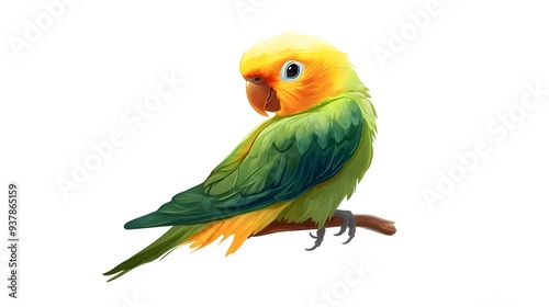 A vibrant and colorful illustration of a parrot perched on a branch against a clean white background, perfect for nature-themed designs and artwork. 