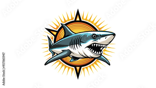 Create a realistic vector illustration of a great white shark with sharp teeth, a menacing expression, and a sunburst behind it.