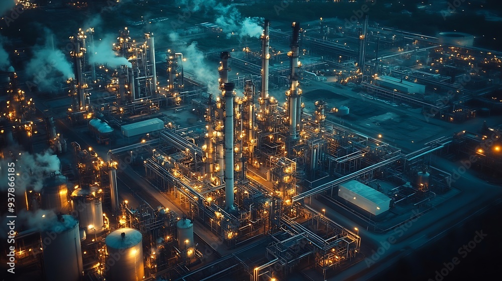 Fototapeta premium Aerial top view oil and gas refinery background Business petrochemical industrial Refinery oil and gas factory power and fuel energy Ecosystem estates Fuel refinery industry at night : Generative AI