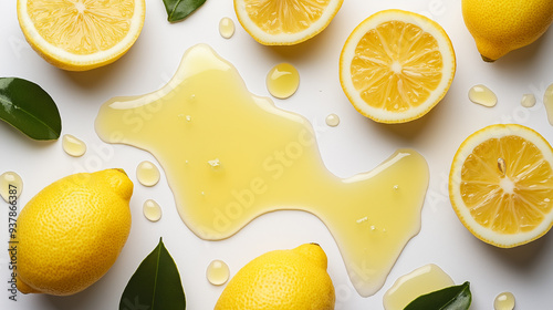 Lemons and drops of lemon juice on a white background photo