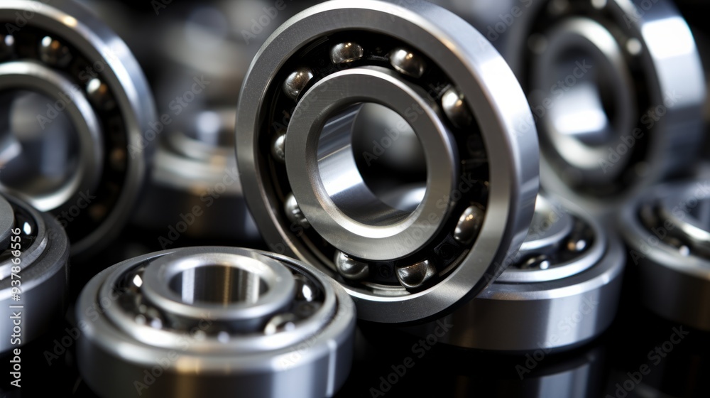 Set of deep groove ball and roller bearings on a gray background with soft focus. Neural network ai generated art Set of deep groove ball and roller bearings on a gray background with soft focus. Neural network ai generated art