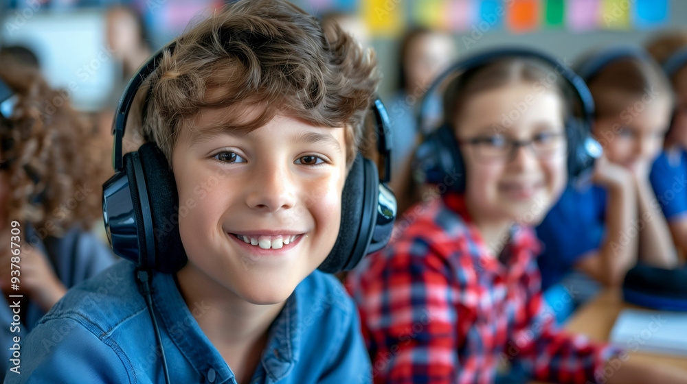 Smiling boy in classroom wearing noise-canceling headphones Smiling boy in classroom wearing noise-canceling headphones