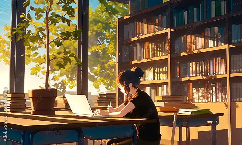 夕日がさす美しい図書館で勉強や仕事をする女性 夕日がさす美しい図書館で勉強や仕事をする女性