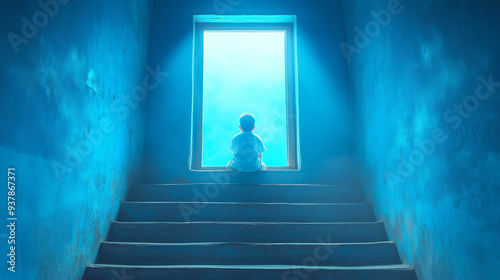 Child sitting on stairs looking through blue doorway