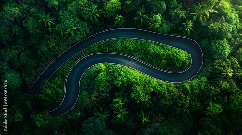 Aerial view of a winding road cutting through lush green foliage in a dense forest. 