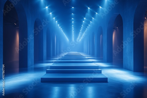 A runway podium stage, stairs with many spotlights. Generative AI