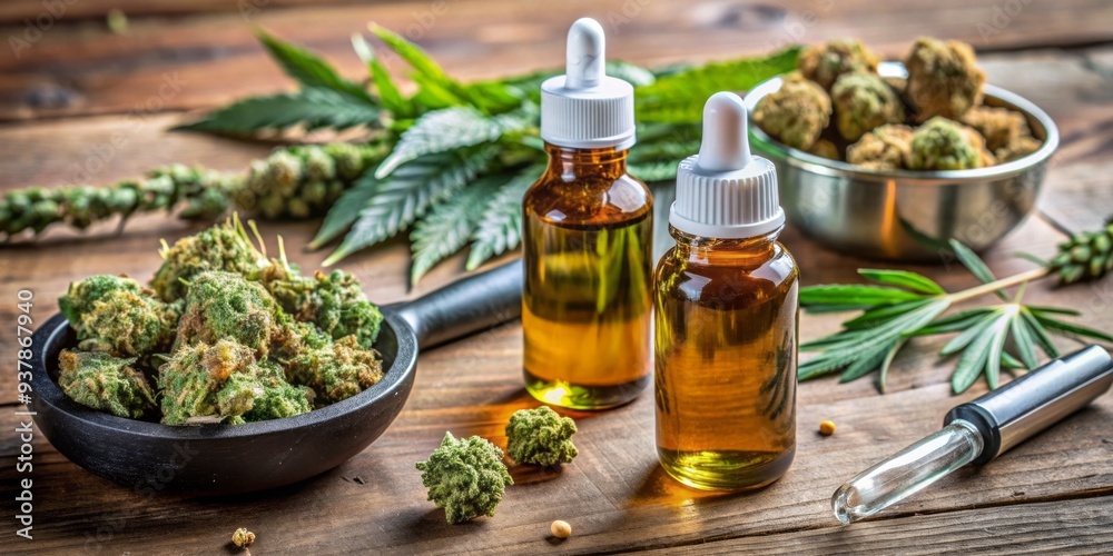 A tabletop setup shows a senior's prescription medication container alongside cannabis buds, CBD oil, and a dropper, highlighting alternative pain relief for senior health.
