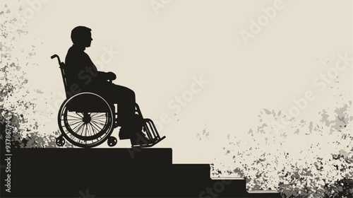 vector silhouette of a disabled person on a wheelchair near the steps on a white background . Generative AI