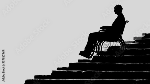 vector silhouette of a disabled person on a wheelchair near the steps on a white background . Generative AI