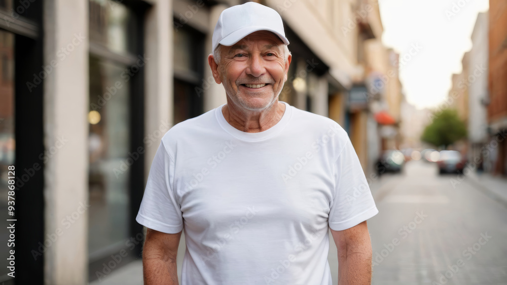 Fototapeta premium Senior man wearing white t-shirt and white baseball cap standing on the street