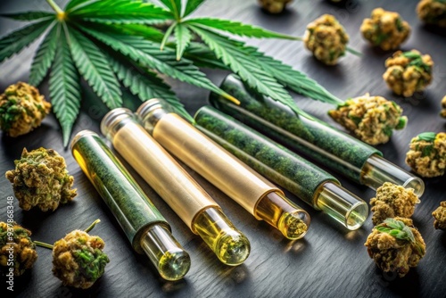 Vibrant green marijuana buds surround rolled joints and glass vials of golden cannabis oil, set against a dark background, evoking a sense of relaxation and calm. photo