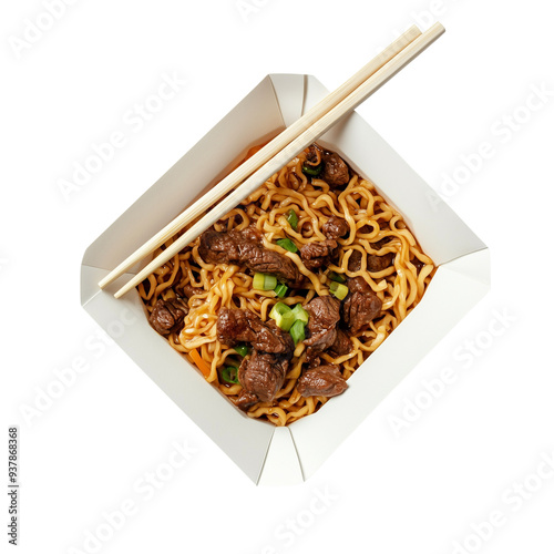 Beef stir-fry noodles in a white takeout box photo