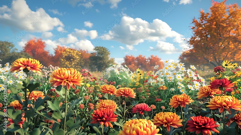 A vibrant field of flowers in autumn, showcasing colorful blooms against a backdrop of trees and a blue sky. A vibrant field of flowers in autumn, showcasing colorful blooms against a backdrop of trees and a blue sky.