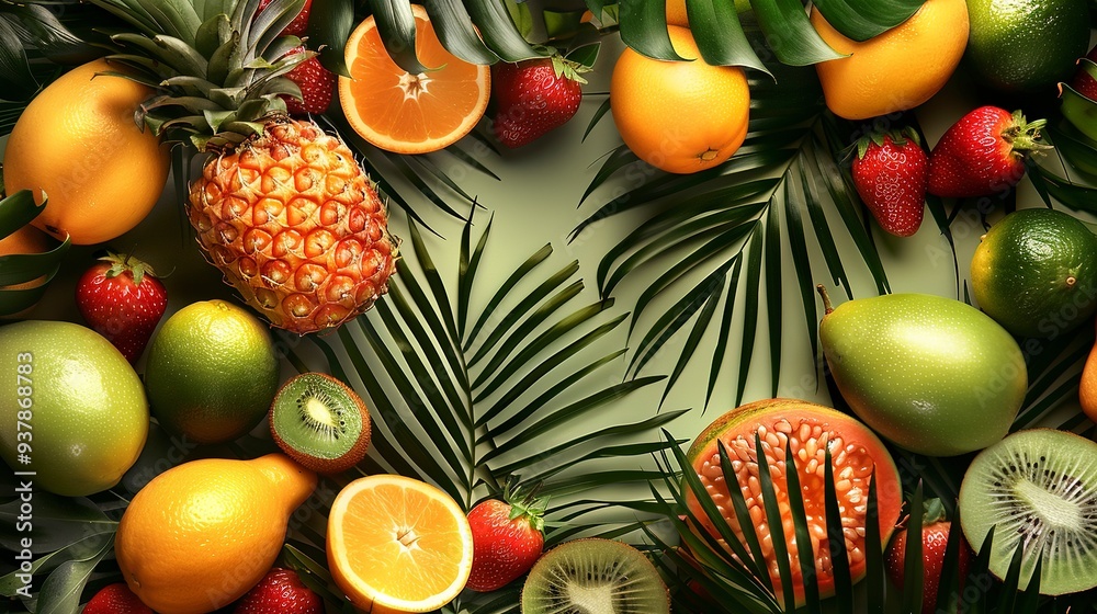 Exotic fruits on a background of tropical leaves. Exotic fruits on a background of tropical leaves.