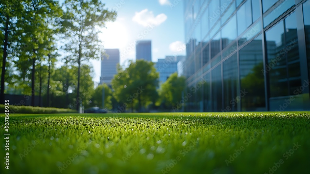 Modern urban business buildings behind lawn : Generative AI Modern urban business buildings behind lawn : Generative AI