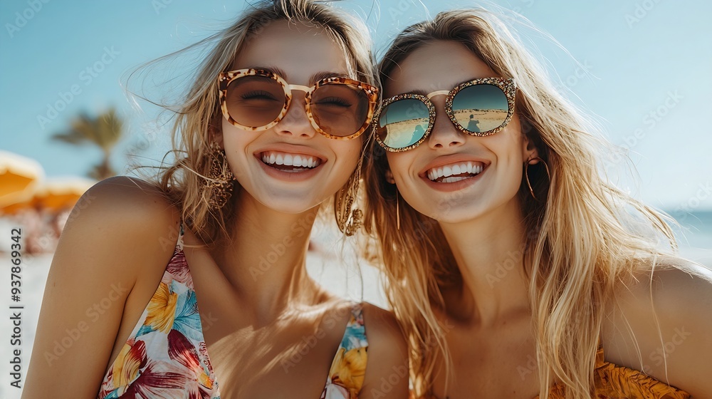two stylish smiling beautiful women relaxing having fun on beach in summer fashion trend outfit colorful apparel boho style having tropical vacation wearing sunglasses : Generative AI two stylish smiling beautiful women relaxing having fun on beach in summer fashion trend outfit colorful apparel boho style having tropical vacation wearing sunglasses : Generative AI