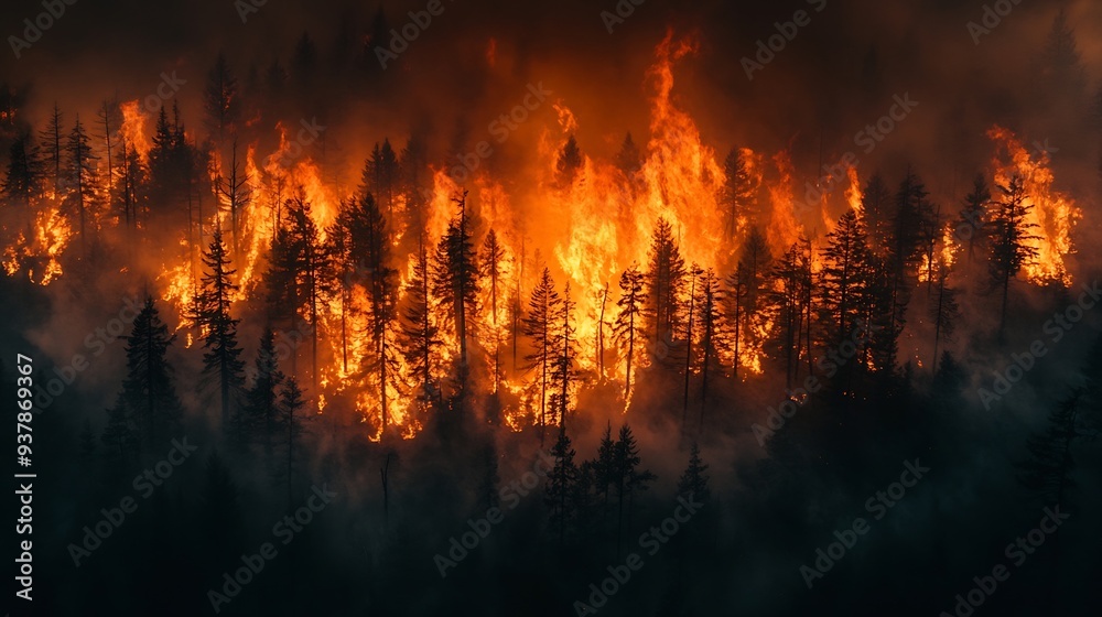 Fototapeta premium wildfires BC British Columbia Columbia Valley dramatic intense fire flames smoke natural disaster burning forest blaze wildfire environment nature landscape orange red heat growth : Generative AI