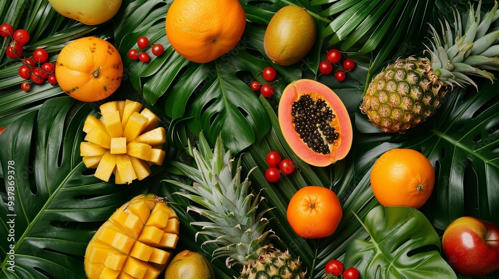 Exotic fruits on a background of tropical leaves. Exotic fruits on a background of tropical leaves.