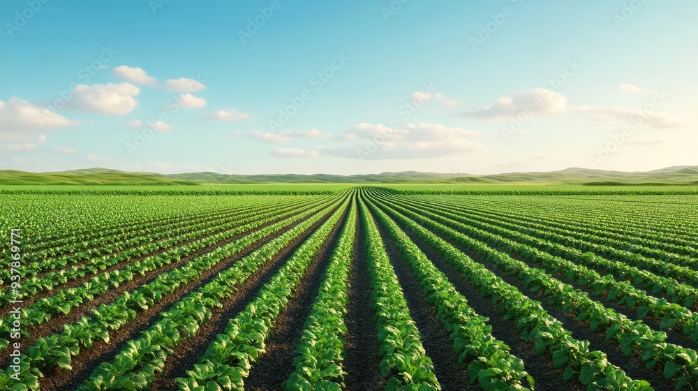 Organic farm, lush green fields with crops, 3D illustration Organic farm, lush green fields with crops, 3D illustration