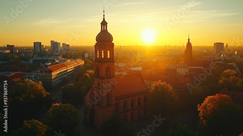 Bell tower of the Red Town Hall in Berlin Historic building in the center of the capital of Germany View from the top of the tower in the evening sun Skyline buildings and roofs in the : Generative AI photo