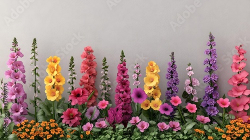 Organic flower garden, vibrant blooms in full array, 3D illustration