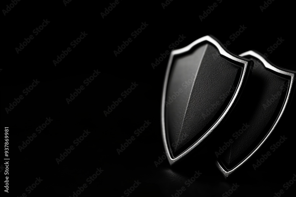 Two elegant black shields representing protection, security, and strength against darkness and threats. Two elegant black shields representing protection, security, and strength against darkness and threats.