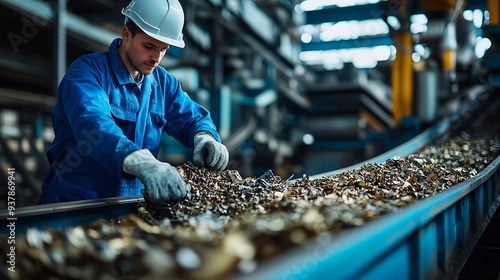 A technician wearing blue overalls and a white helmet operates machinery at an industrial recycling facility where he manages the sorting and processing of refusederived fuel RDF on a  : Generative AI photo