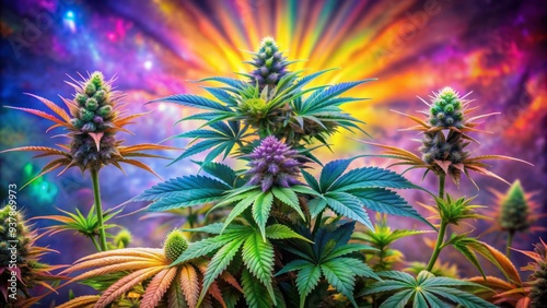 Vibrant cannabis plants with lush green leaves and delicate purple flowers bloom against a kaleidoscope of colors, creating a mesmerizing and psychedelic background.