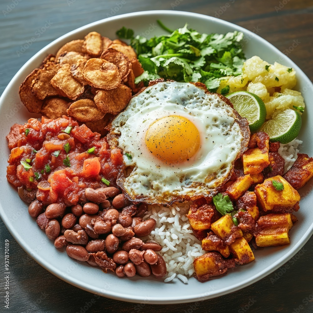 A hearty platter featuring rice, beans, fried plantains, chicharrón, and a fried egg. A hearty platter featuring rice, beans, fried plantains, chicharrón, and a fried egg.