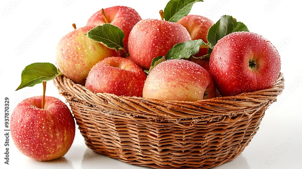 Fresh red apples in wicker basket with water drops, capturing the crispness and natural beauty of apples in a simple and rustic setting. Fresh red apples in wicker basket with water drops, capturing the crispness and natural beauty of apples in a simple and rustic setting.