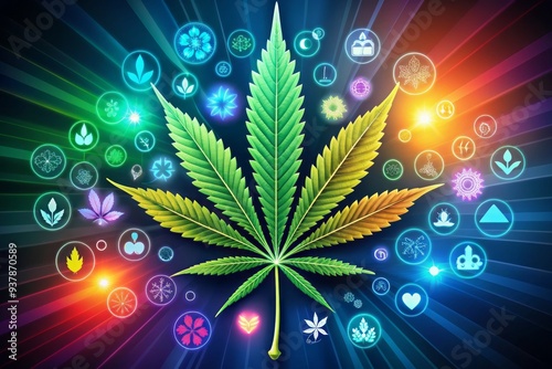 A colorful illustration of a cannabis leaf surrounded by icons and graphics highlighting medical benefits, such as pain relief, anxiety reduction, and sleep improvement. photo