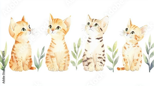 Set of Serengeti kittens, tall and slender, curious and alert, isolated, white background, Watercolor style photo