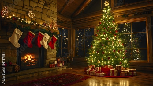 A cozy holiday living room features a beautifully decorated Christmas tree, stockings hung by the fireplace, and an array of festive gifts, creating a warm and inviting atmosphere for the season.