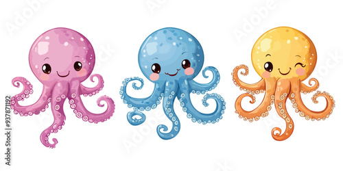 Vector three colorful cute cartoon octopuses  symbol icons illustration with smiling faces and sparkling
