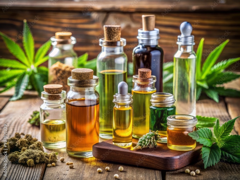 Assorted glass vials of cannabis oils with different concentrations and flavors, including THC, CBD, and hybrid blends, arranged on a wooden table or shelf. Assorted glass vials of cannabis oils with different concentrations and flavors, including THC, CBD, and hybrid blends, arranged on a wooden table or shelf.