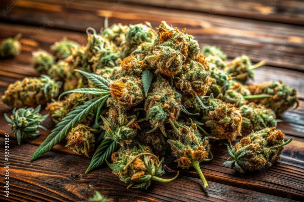 Obraz premium Freshly dried cannabis buds, meticulously arranged on a rustic wooden table, await consumption, emitting a pungent aroma and promising a euphoric experience.