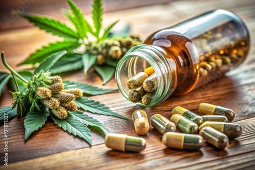 Closeup of medical cannabis in an open bottle and capsule on a table, with marijuana leaves and buds nearby, and prescription paperwork. photo