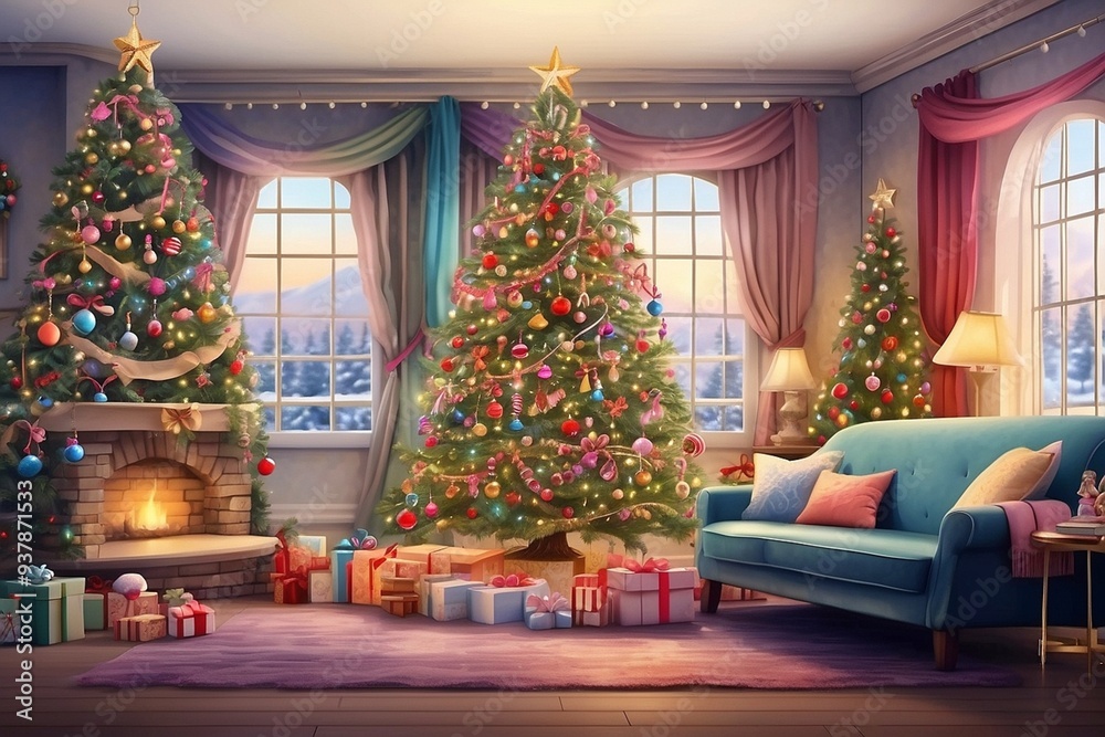 Fototapeta premium Beautiful decorating christmas tree in livingroom watercolor background.