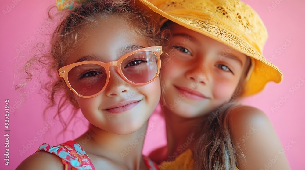 Two girls 1011 years old in fashionable colorful summer clothes posing cheerfully on a pink studio background Fulllength portrait Childrens fashion Active happy kids : Generative AI Two girls 1011 years old in fashionable colorful summer clothes posing cheerfully on a pink studio background Fulllength portrait Childrens fashion Active happy kids : Generative AI