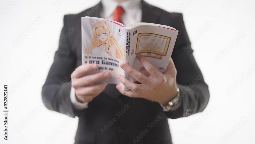 Headless businessman in suit reading Japanese manga gamer girl girlfriend Headless businessman in suit reading Japanese manga gamer girl girlfriend